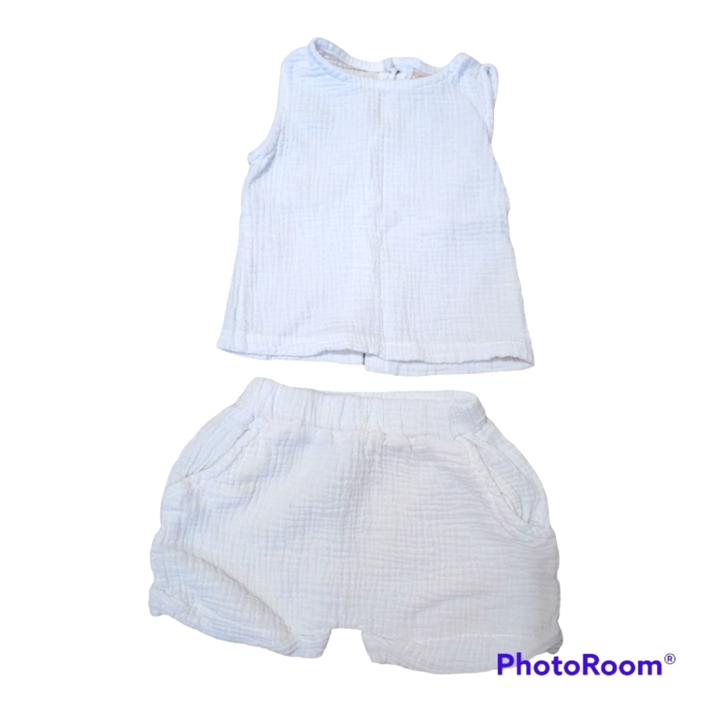 White Linen Muslin Button Back Tank and Shorts Set, Baby 9-12 Months